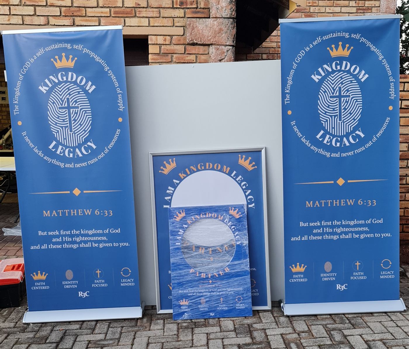 R3C Kingdom Legacy pull-up banners and step-and-repeat frame