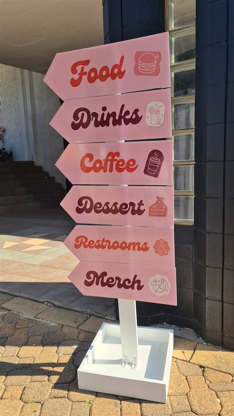 Printed directional signage flags for food, drinks and merch at an event